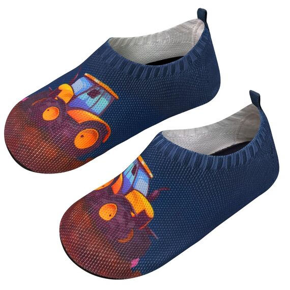 Kyopp Kinder Hausschuhe Junge Mädchen Pantoffeln Aquaschuhe Atmungsaktive Rutschfest Barfussschuhe Slipper Kindergarten Unisex(Traktor/Bagger Dunkelblau 24/25 EU)