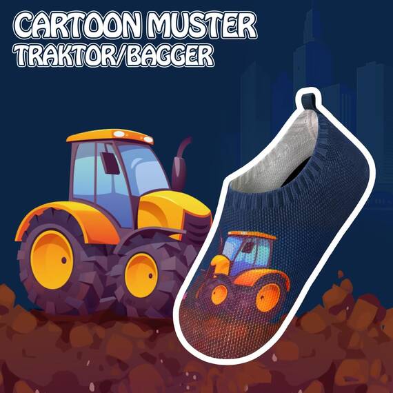 Kyopp Kinder Hausschuhe Junge Mädchen Pantoffeln Aquaschuhe Atmungsaktive Rutschfest Barfussschuhe Slipper Kindergarten Unisex(Traktor/Bagger Dunkelblau 22/23 EU)