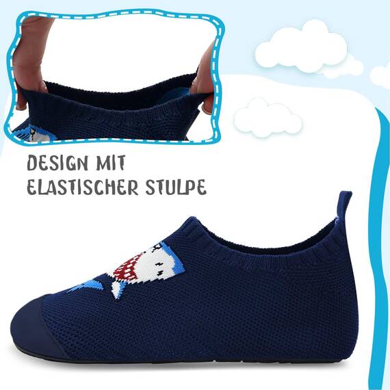 Kyopp Kinder Hausschuhe Junge Mädchen Pantoffeln Aquaschuhe Atmungsaktive Rutschfest Barfussschuhe Slipper Kindergarten Unisex (Hai Dunkelblau 32/33 EU)