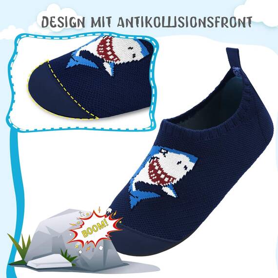 Kyopp Kinder Hausschuhe Junge Mädchen Pantoffeln Aquaschuhe Atmungsaktive Rutschfest Barfussschuhe Slipper Kindergarten Unisex (Hai Dunkelblau 32/33 EU)