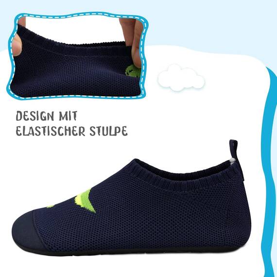 Kyopp Kinder Hausschuhe Junge Mädchen Pantoffeln Aquaschuhe Atmungsaktive rutschfest Barfussschuhe Slipper Kindergarten Unisex (Dinosaurier Marineblau 26/27 EU)