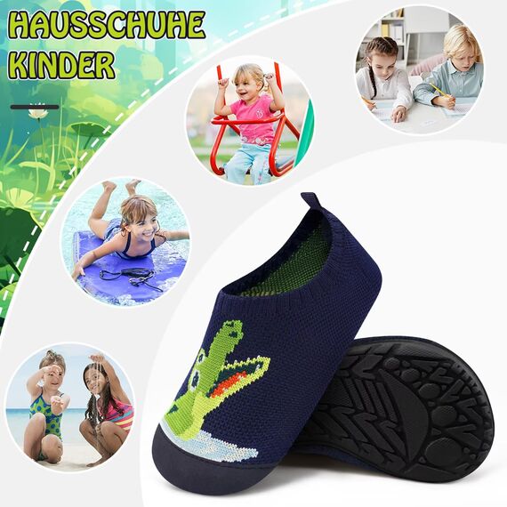 Kyopp Kinder Hausschuhe Junge Mädchen Pantoffeln Aquaschuhe Atmungsaktive Rutschfest Barfussschuhe Slipper Kindergarten Unisex(Krokodil 26/27 EU)