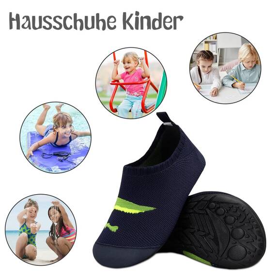 Kyopp Kinder Hausschuhe Junge Mädchen Pantoffeln Aquaschuhe Atmungsaktive rutschfest Barfussschuhe Slipper Kindergarten Unisex (Dinosaurier Marineblau 26/27 EU)