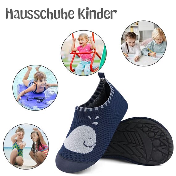 Kyopp Kinder Hausschuhe Junge Mädchen Pantoffeln Aquaschuhe Atmungsaktive Rutschfest Barfussschuhe Slipper Kindergarten Unisex(Wale Dunkelblau 28/29 EU)
