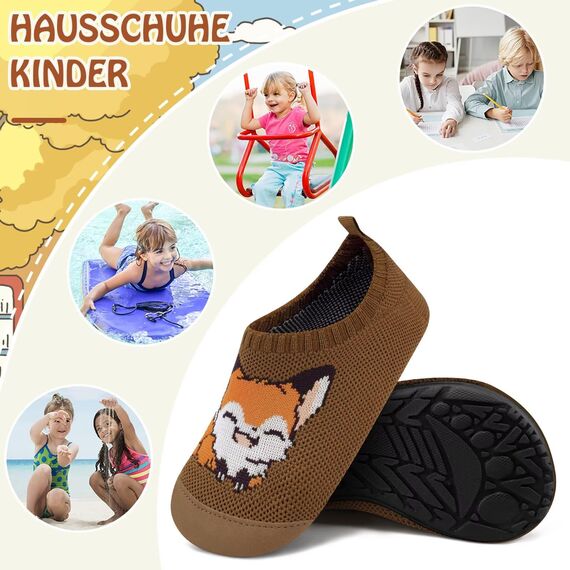 Kyopp Kinder Hausschuhe Junge Mädchen Pantoffeln Aquaschuhe Atmungsaktive Rutschfest Barfussschuhe Slipper Kindergarten Unisex(Fuchs Braun 26/27 EU)