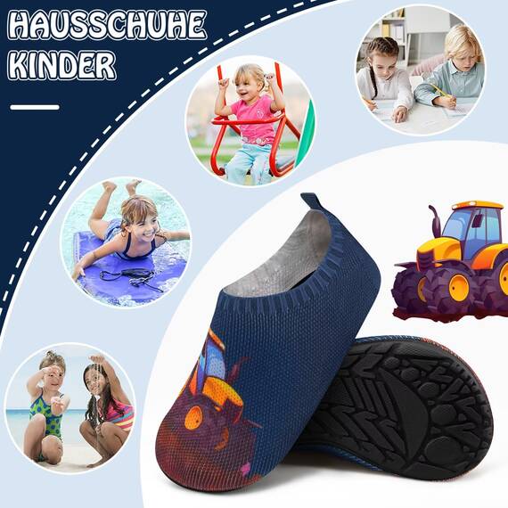 Kyopp Kinder Hausschuhe Junge Mädchen Pantoffeln Aquaschuhe Atmungsaktive Rutschfest Barfussschuhe Slipper Kindergarten Unisex(Traktor/Bagger Dunkelblau 22/23 EU)