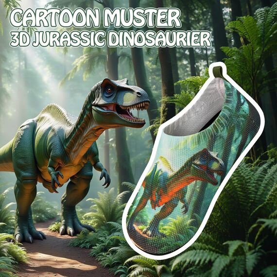 Kyopp Kinder Hausschuhe Junge Mädchen Pantoffeln Aquaschuhe Atmungsaktive Rutschfest Barfussschuhe Slipper Kindergarten Unisex(3D Jurassic Dinosaurier Grün 22/23 EU)