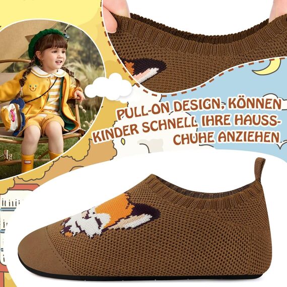 Kyopp Kinder Hausschuhe Junge Mädchen Pantoffeln Aquaschuhe Atmungsaktive Rutschfest Barfussschuhe Slipper Kindergarten Unisex(Fuchs Braun 28/29 EU)