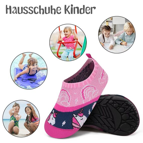 Kyopp Kinder Hausschuhe Junge Mädchen Pantoffeln Aquaschuhe Atmungsaktive rutschfest Barfussschuhe Slipper Kindergarten Unisex(Regenbögen und Einhorn 30/31 EU)