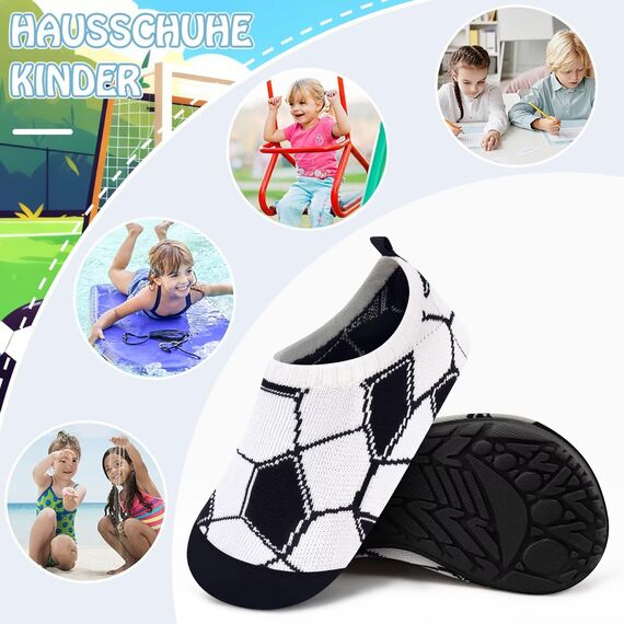 Kyopp Kinder Hausschuhe Junge Mädchen Pantoffeln Aquaschuhe Atmungsaktive Rutschfest Barfussschuhe Slipper Kindergarten Unisex(Fußball 34/35 EU)