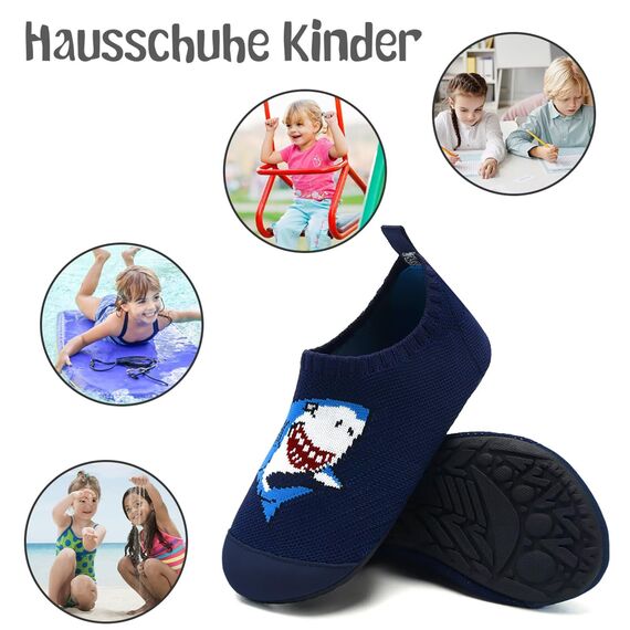 Kyopp Kinder Hausschuhe Junge Mädchen Pantoffeln Aquaschuhe Atmungsaktive Rutschfest Barfussschuhe Slipper Kindergarten Unisex (Hai Dunkelblau 36/37 EU)