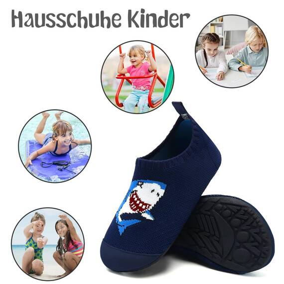 Kyopp Kinder Hausschuhe Junge Mädchen Pantoffeln Aquaschuhe Atmungsaktive Rutschfest Barfussschuhe Slipper Kindergarten Unisex (Hai Dunkelblau 34/35 EU)
