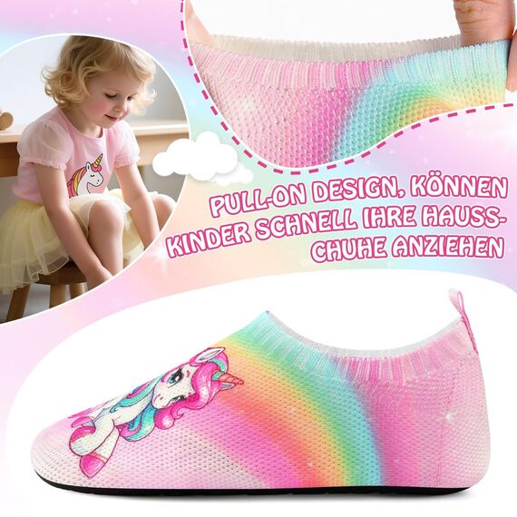 Kyopp Kinder Hausschuhe Junge Mädchen Pantoffeln Aquaschuhe Atmungsaktive Rutschfest Barfussschuhe Slipper Kindergarten Unisex(Regenbogen Einhorn 32/33 EU)
