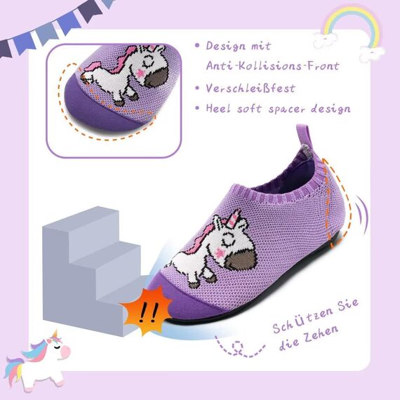 Torotto Kinder Hausschuhe Mädchen Junge Kleinkinder Schuhe Barfussschuhe für Lauflernschuhe Kindergarten Pantoffeln Unisex Atmungsaktive rutschfest Weich (Lila Einhorn 28/29EU)