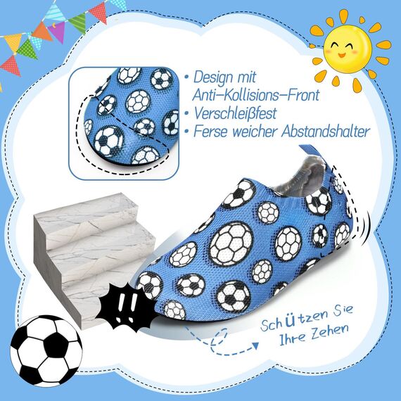 Torotto Hausschuhe Kinder Mädchen Junge Pantoffeln Atmungsaktive Rutschfest Weich Turnschläppchen Barfussschuhe für Lauflernschuhe Kleinkinder Schuhe Kindergarten Unisex(Fußball Blau 32/33 EU)