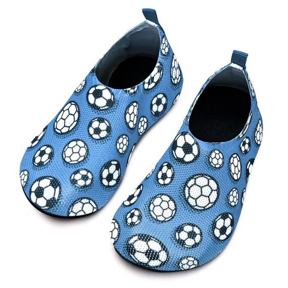 Torotto Hausschuhe Kinder Mädchen Junge Pantoffeln Atmungsaktive Rutschfest Weich Turnschläppchen Barfussschuhe für Lauflernschuhe Kleinkinder Schuhe Kindergarten Unisex(Fußball Blau 32/33 EU)