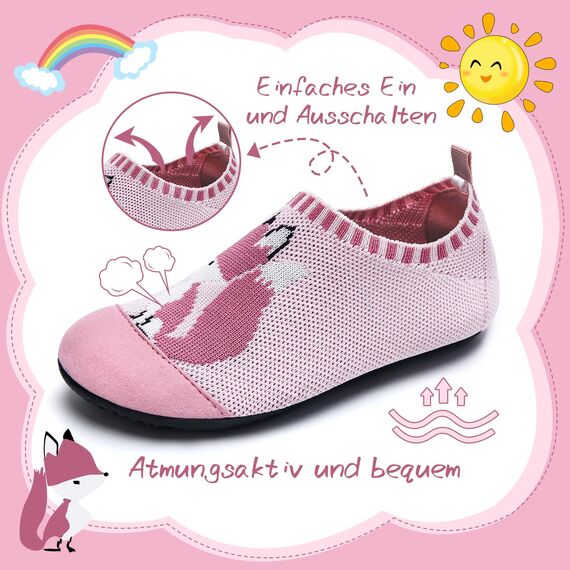 Torotto Hausschuhe Kinder Mädchen Junge Pantoffeln Atmungsaktive Rutschfest Weich Turnschläppchen Barfussschuhe für Lauflernschuhe Kleinkinder Schuhe Kindergarten Unisex(Foxes Pink 26/27 EU)