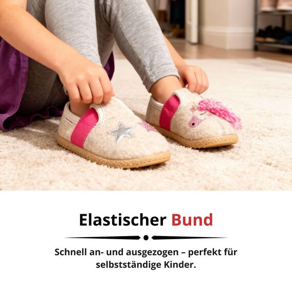 GIESSWEIN Filz Pantoffeln Trabening Einhorn - Warme Mädchen Hausschuhe, Leichte Slippers aus Wolle, Rutschfester Kinder-Hausschuh mit Latex Sohle