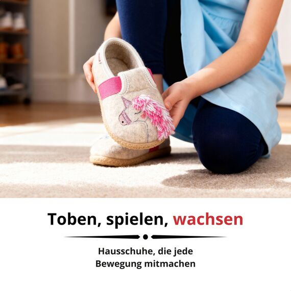 GIESSWEIN Filz Pantoffeln Trabening Einhorn - Warme Mädchen Hausschuhe, Leichte Slippers aus Wolle, Rutschfester Kinder-Hausschuh mit Latex Sohle