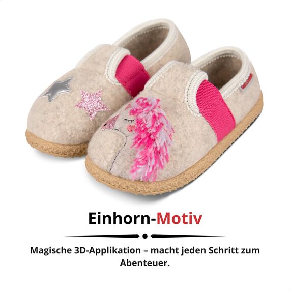 GIESSWEIN Filz Pantoffeln Trabening Einhorn - Warme Mädchen Hausschuhe, Leichte Slippers aus Wolle, Rutschfester Kinder-Hausschuh mit Latex Sohle