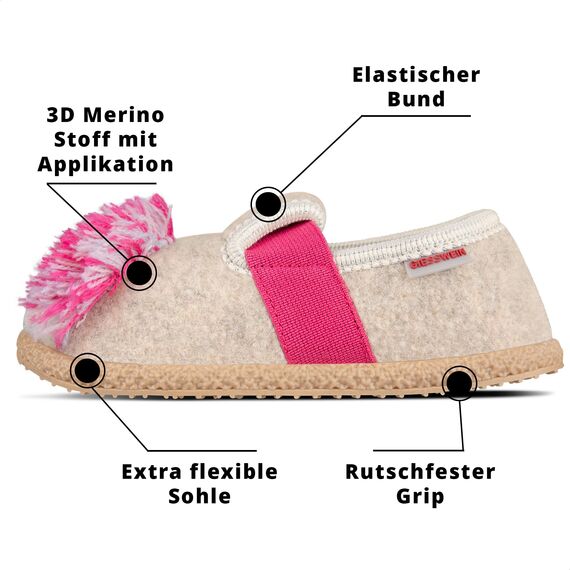 GIESSWEIN Filz Pantoffeln Trabening Einhorn - Warme Mädchen Hausschuhe, Leichte Slippers aus Wolle, Rutschfester Kinder-Hausschuh mit Latex Sohle