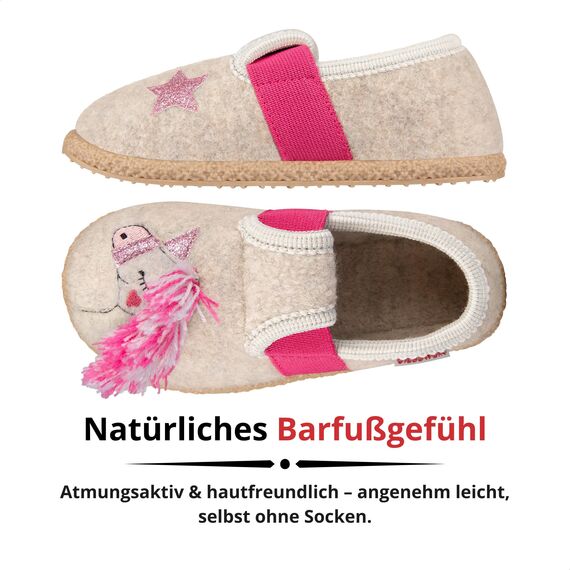 GIESSWEIN Filz Pantoffeln Trabening Einhorn - Warme Mädchen Hausschuhe, Leichte Slippers aus Wolle, Rutschfester Kinder-Hausschuh mit Latex Sohle