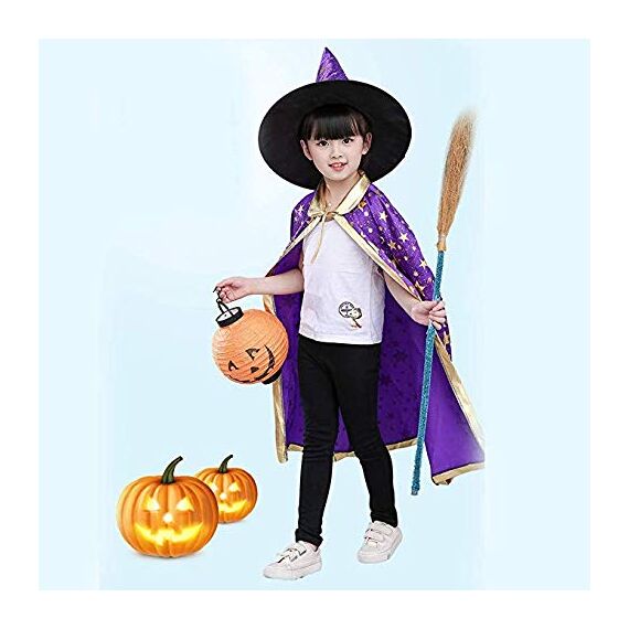 Jeackcelle Kinder Halloween Kostüm, Wizard Cape Witch Umhang mit Hut, Kürbis Candy Bag, Zauberer Mantel mit Requisiten für Jungen Mädchen Cosplay party (Lila)