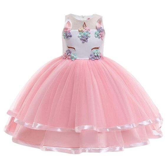 URAQT Mädchen Prinzessin Kleid, Mädchen Einhorn Cosplay Karneval Verkleidung Party Hochzeit Prinzessin Kleid mit Halskette und Stirnband, 110CM, Rosa