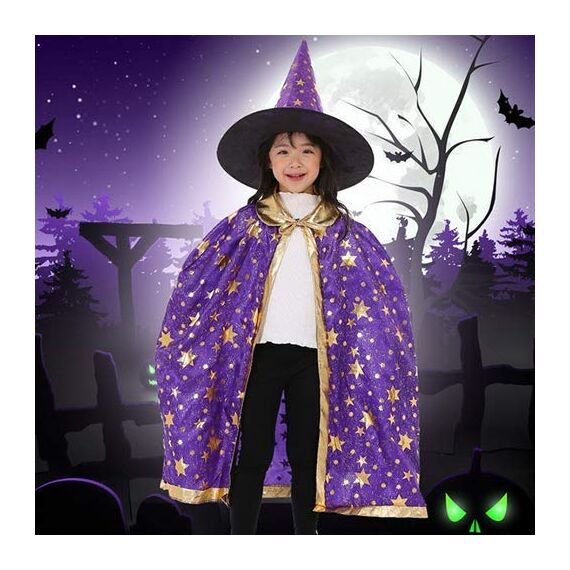 Jeackcelle Kinder Halloween Kostüm, Wizard Cape Witch Umhang mit Hut, Kürbis Candy Bag, Zauberer Mantel mit Requisiten für Jungen Mädchen Cosplay party (Lila)