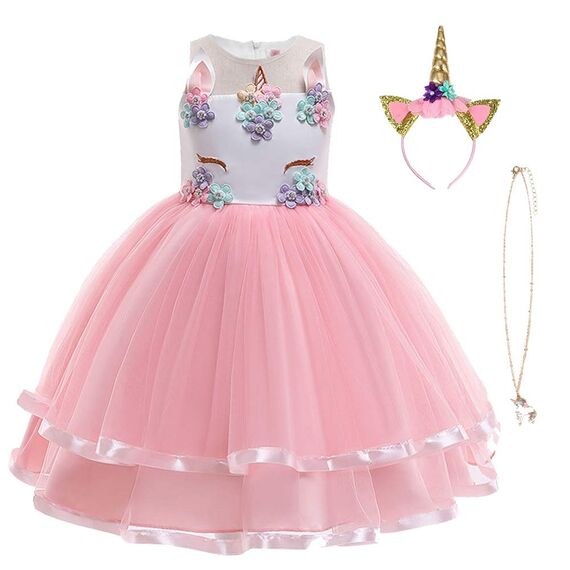 URAQT Mädchen Prinzessin Kleid, Mädchen Einhorn Cosplay Karneval Verkleidung Party Hochzeit Prinzessin Kleid mit Halskette und Stirnband, 110CM, Rosa