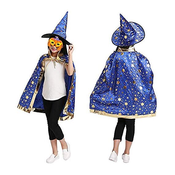 Jeackcelle Kinder Halloween Kostüm, Wizard Cape Witch Umhang mit Hut, Kürbis Candy Bag, Zauberer Mantel mit Requisiten für Jungen Mädchen Cosplay party (Blau)