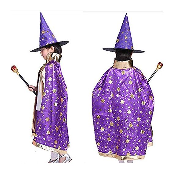Jeackcelle Kinder Halloween Kostüm, Wizard Cape Witch Umhang mit Hut, Kürbis Candy Bag, Zauberer Mantel mit Requisiten für Jungen Mädchen Cosplay party (Lila)