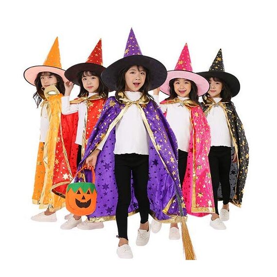 Jeackcelle Kinder Halloween Kostüm, Wizard Cape Witch Umhang mit Hut, Kürbis Candy Bag, Zauberer Mantel mit Requisiten für Jungen Mädchen Cosplay party (Blau)