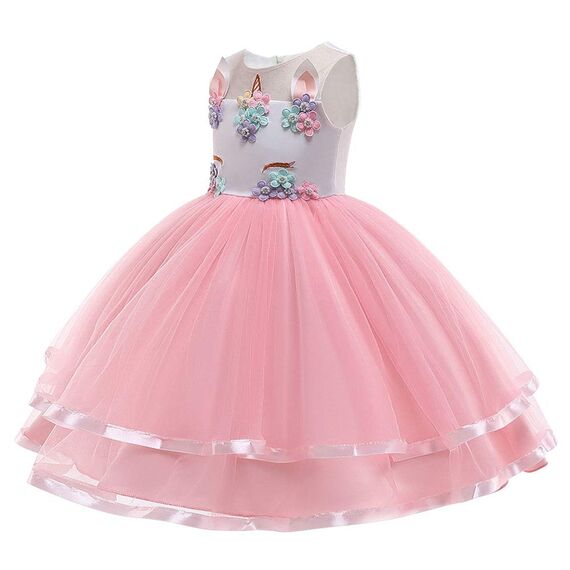 URAQT Mädchen Prinzessin Kleid, Mädchen Einhorn Cosplay Karneval Verkleidung Party Hochzeit Prinzessin Kleid mit Halskette und Stirnband, 110CM, Rosa