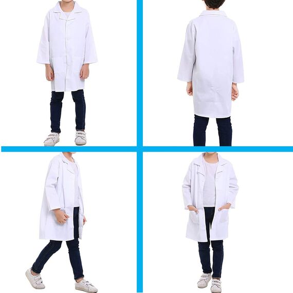 CoatCool Arztkittel Kinder Kittel Baumwolle Laborkittel für Junge Mädchen Chemie Kittel Labormantel Langarm Medizin Laborkittel Weiß Kostüm Doktor Mantel Kinder für Schüler Studium Labor, XL