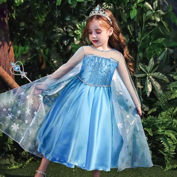 Vicloon Elsa kostüm mädchen, 3pcs Elsa Kleid Kinder Set mit Krone Diadem Zauberstab,Halloween Weihnachten Geburtstag Party Kostüm,kostüm mädchen-Blue
