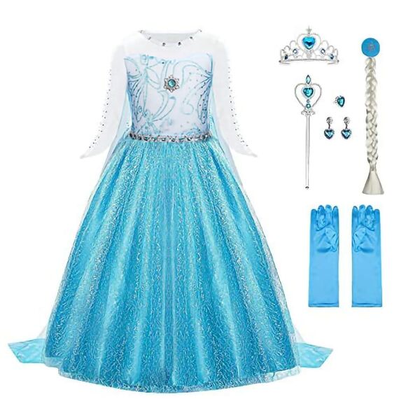 URAQT Mädchen Prinzessin Kostüm, Kinder Kleid 6-teiliges Set mit Krone Diadem Handschuhe Zauberstab usw für Weihnachten Verkleidung Karneval Halloween,110CM