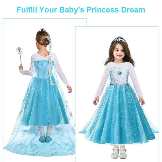 URAQT Kostüm Kinder Mädchen, 6-teiliges Set Kinder Prinzessin Kleid mit Krone Diadem Handschuhe Zauberstab usw für Weihnachten Karneval Halloween Rollenspiel(120)