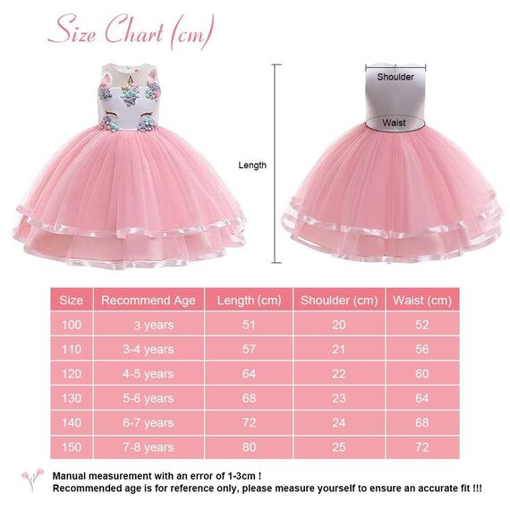 URAQT Mädchen Prinzessin Kleid, Mädchen Einhorn Cosplay Karneval Verkleidung Party Hochzeit Prinzessin Kleid mit Halskette und Stirnband, 110CM, Rosa