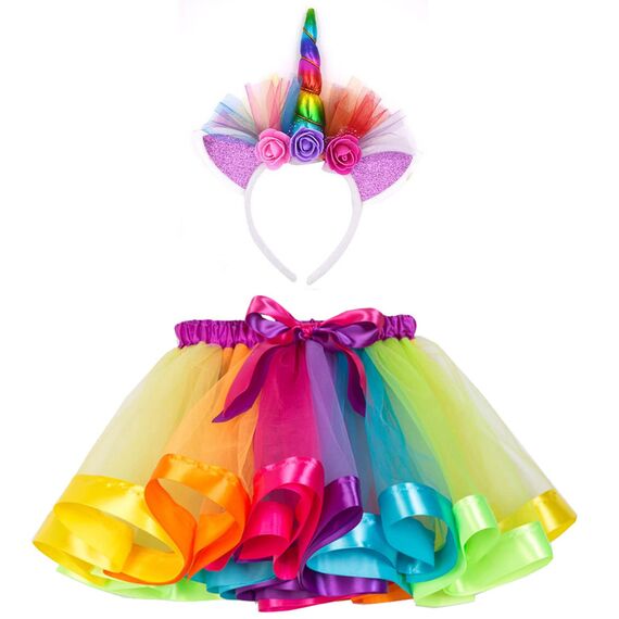 Hifot Einhorn Kostüm Prinzessin Set 2 Stück，Regenbogen Tutu Rock Mädchen Kostüm Tüllrock,Einhorn Haarreif für Mädchen für Unicorn Cosplay Kindergeburtstag Karneval