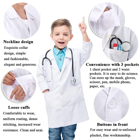 CoatCool Arztkittel Kinder Kittel Baumwolle Laborkittel für Junge Mädchen Chemie Kittel Labormantel Langarm Medizin Laborkittel Weiß Kostüm Doktor Mantel Kinder für Schüler Studium Labor, XL