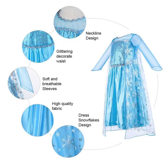 Vicloon Elsa kostüm mädchen, 3pcs Elsa Kleid Kinder Set mit Krone Diadem Zauberstab,Halloween Weihnachten Geburtstag Party Kostüm,kostüm mädchen-Blue