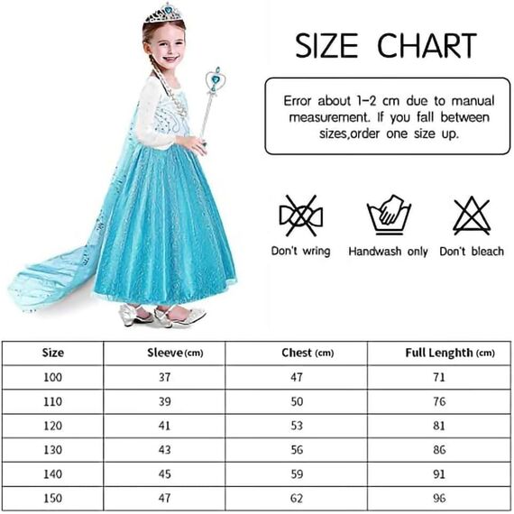 URAQT Mädchen Prinzessin Kostüm, Kinder Kleid 6-teiliges Set mit Krone Diadem Handschuhe Zauberstab usw für Weihnachten Verkleidung Karneval Halloween,110CM