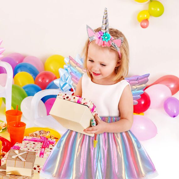 Hifot Einhorn Kostüm Prinzessin Set 3 Stück，Regenbogen Tutu Rock Mädchen Kostüm Tüllrock,Einhorn Haarreif Flügel für Mädchen für Unicorn Cosplay Kindergeburtstag Karneval