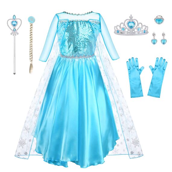 URAQT Kostüm Kinder Mädchen, 9-teiliges Set Kleid Kinder mit Krone Diadem Handschuhe Zauberstab für Weihnachten Verkleidung Karneval Halloween Geburtstag Party,150CM