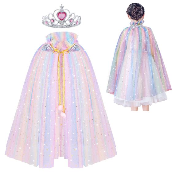 ACWOO Prinzessin Umhang Kinder Mädchen, ELSA Prinzessin Kostüm mit Krone, Halloween Kostüm Umhang Kinder, Prinzessin Cape für Karneval Cosplay Party (merfabig, M)