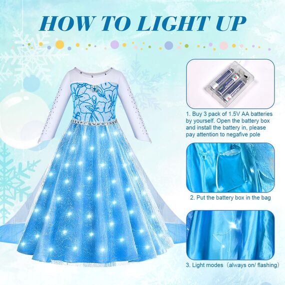 ACWOO LED Leuchtend Prinzessin Kleid, Kostüm Mädchen, Kleid Kinder Set mit Krone Zauberstab, Kostüm Accessoires für Weihnachten Verkleidung Karneval Halloween