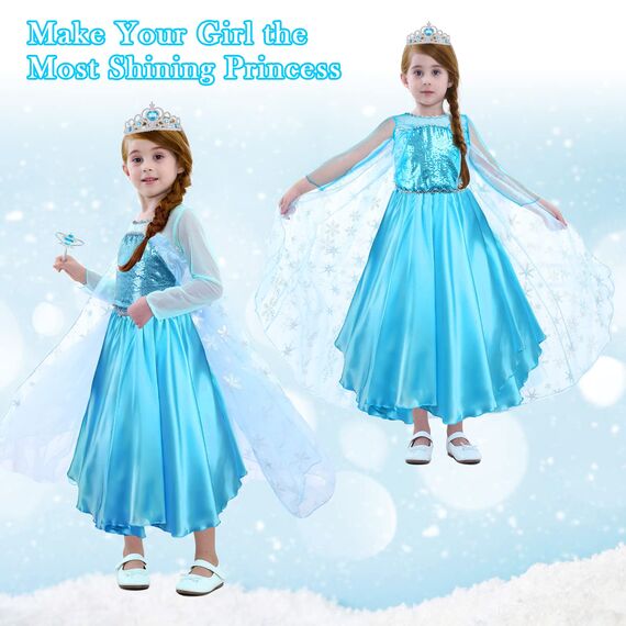 URAQT Kostüm Kinder Mädchen, 9-teiliges Set Kleid Kinder mit Krone Diadem Handschuhe Zauberstab für Weihnachten Verkleidung Karneval Halloween Geburtstag Party,120CM