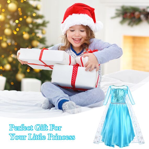 URAQT Kostüm Kinder Mädchen, 9-teiliges Set Kleid Kinder mit Krone Diadem Handschuhe Zauberstab für Weihnachten Verkleidung Karneval Halloween Geburtstag Party,140CM