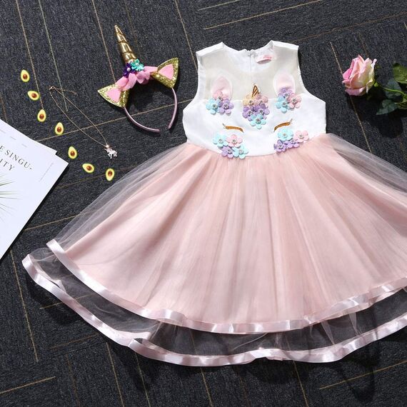 URAQT Mädchen Prinzessin Kleid, Mädchen Einhorn Cosplay Karneval Verkleidung Party Hochzeit Prinzessin Kleid mit Halskette und Stirnband, 110CM, Rosa